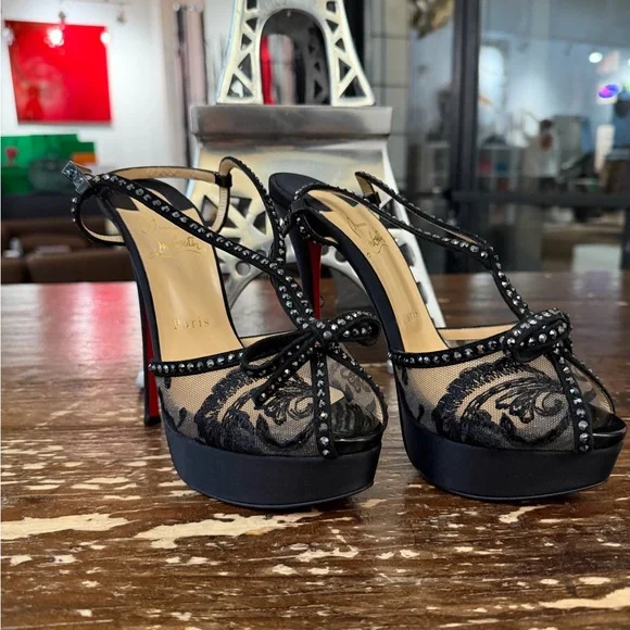 Christian Louboutin Black Lace and Satin Platform Pumps - Picture 1 of 4